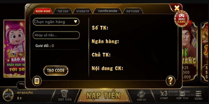 Hướng dẫn cách nạp tiền vào bb vin